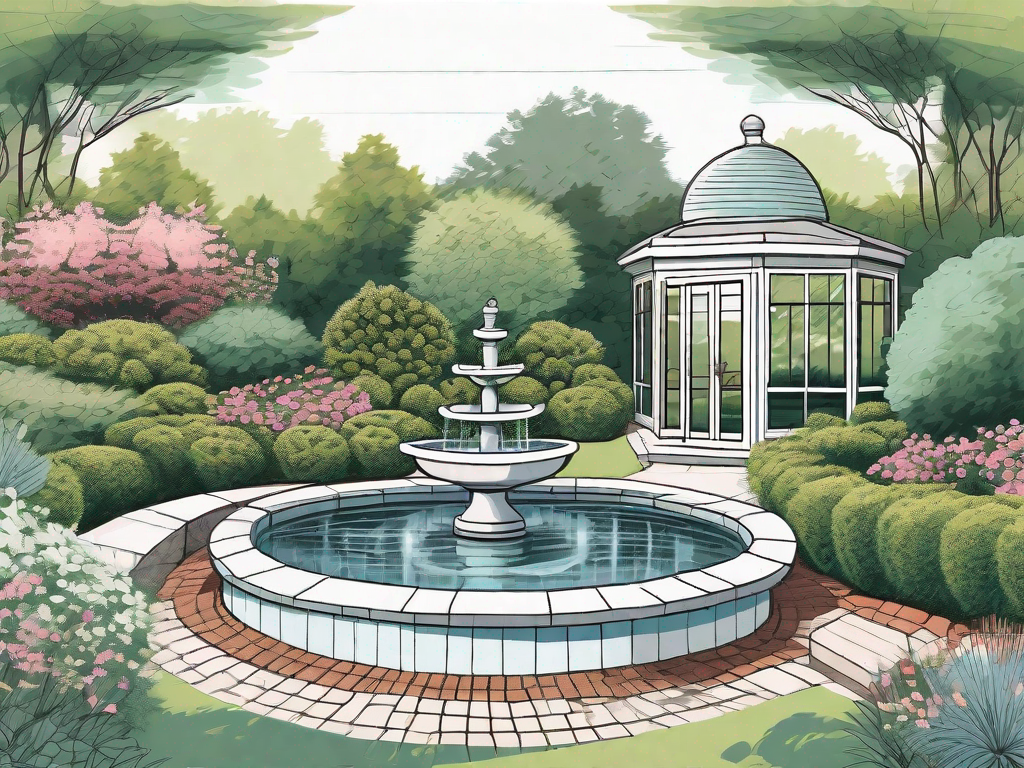 A detailed and intricate garden landscape showcasing various elements such as a water feature
