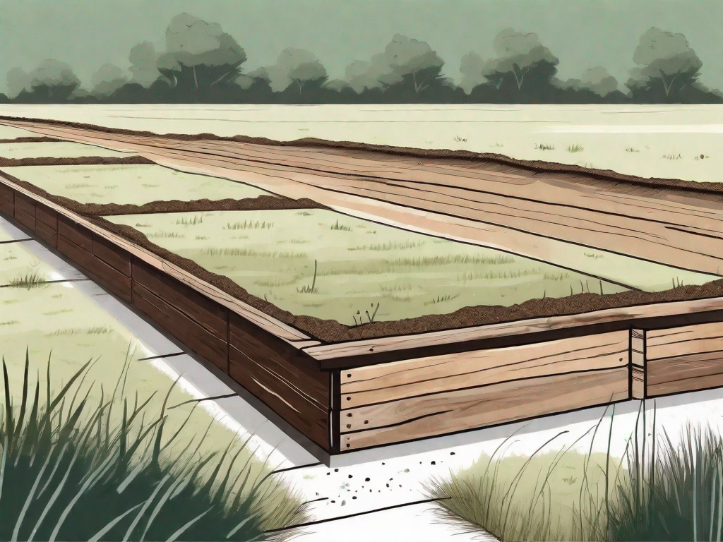 A cross-section of the ground showing wooden sleepers with a layer of gravel underneath