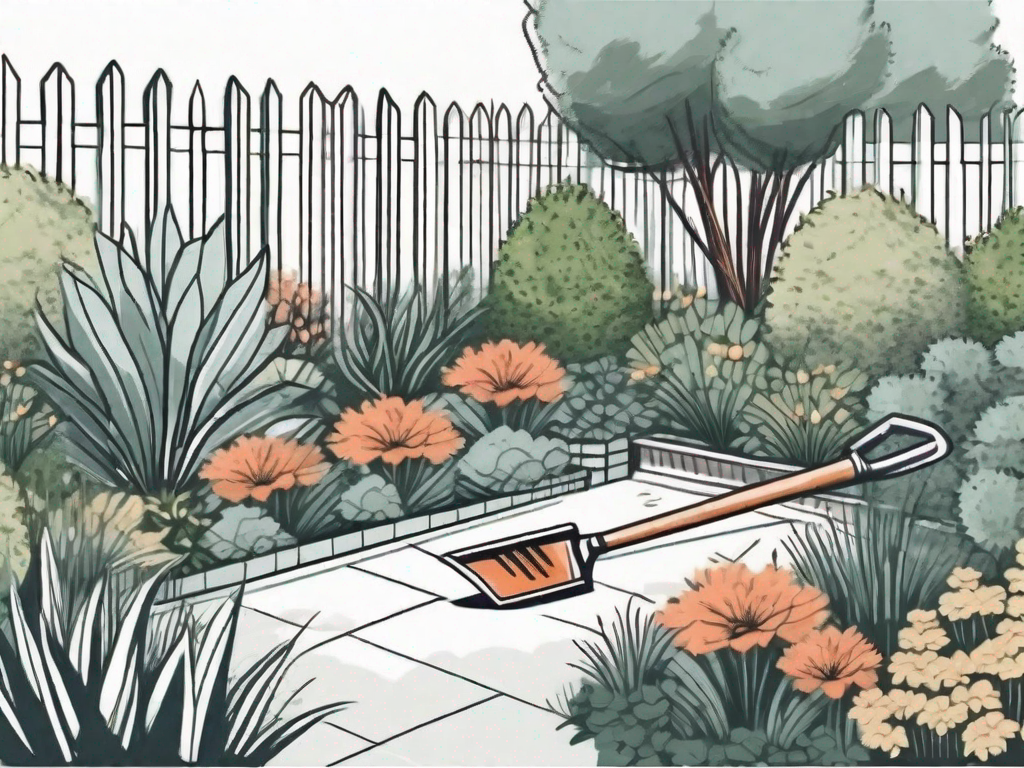 A beautiful garden landscape with a variety of plants and a gardening tool like a shovel or a rake placed prominently