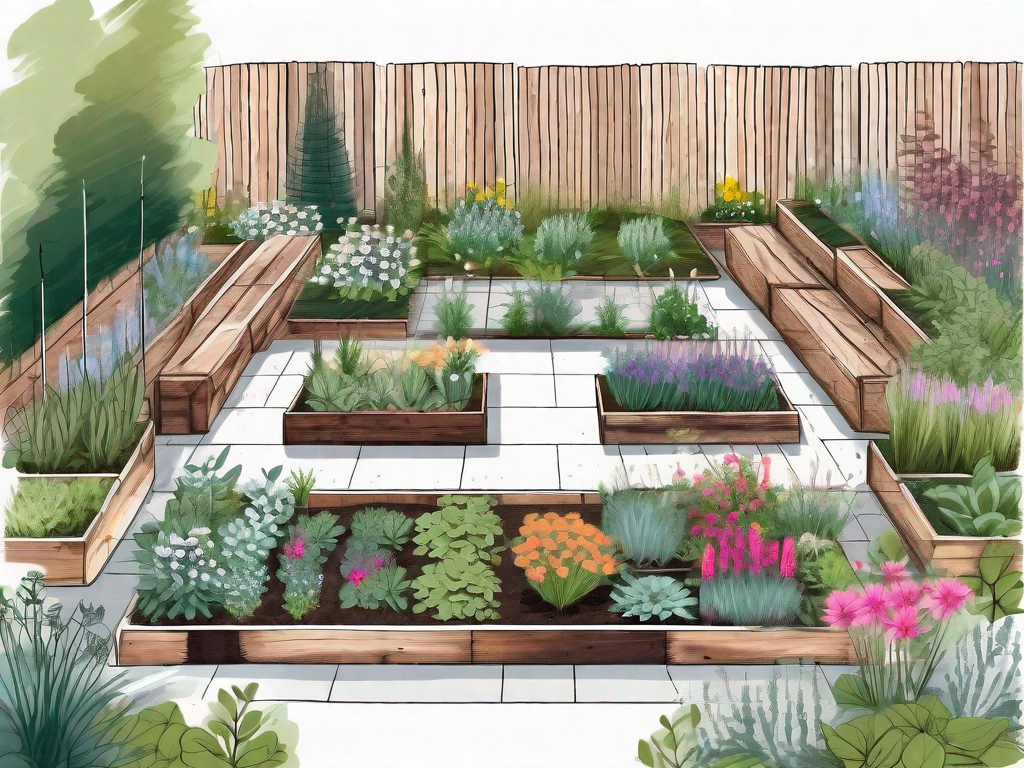 A beautiful garden layout with various plants and flowers