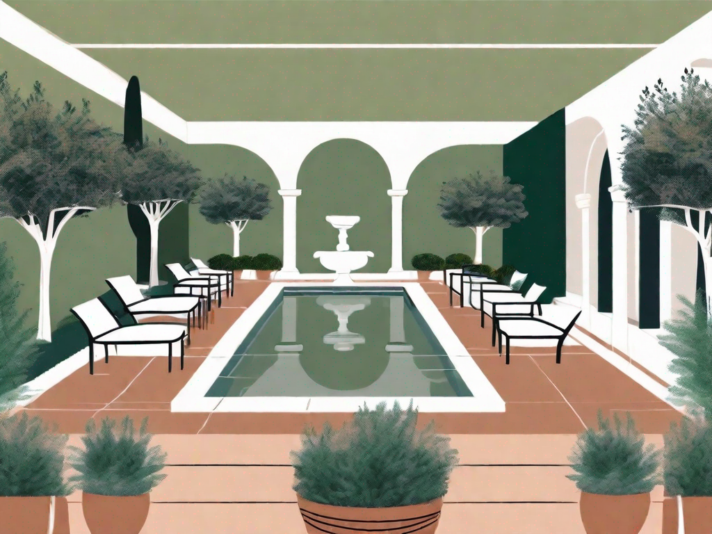 A contemporary italian garden design featuring elements such as terracotta planters