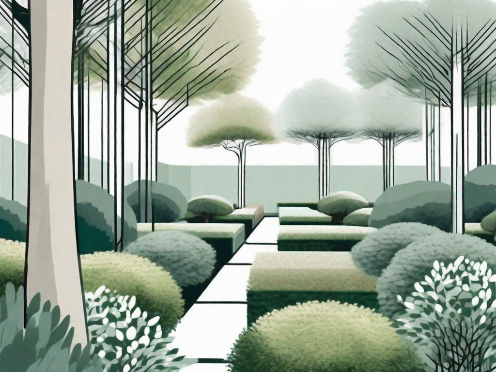 A serene garden scene featuring a variety of pleached trees enhancing the overall design and aesthetic of the garden