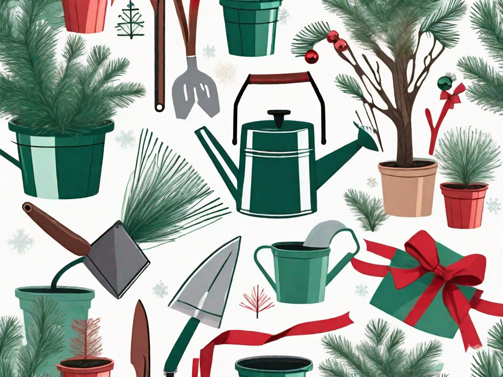 Various gardening tools like a watering can
