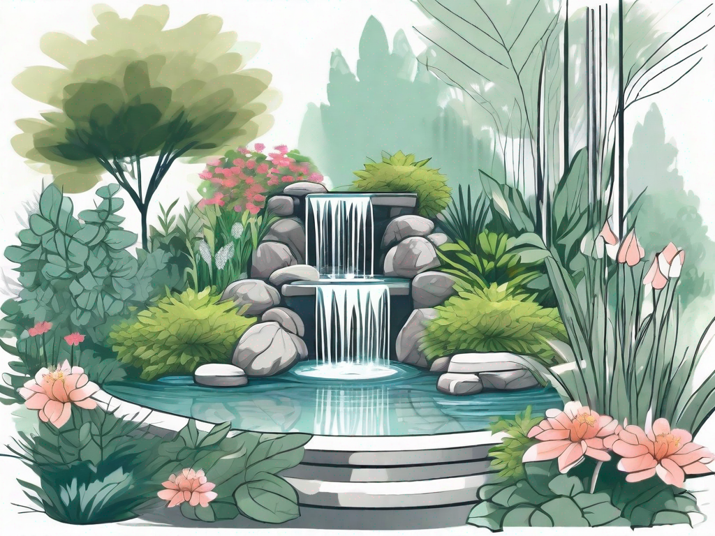 A serene garden scene showcasing various water features such as a pond